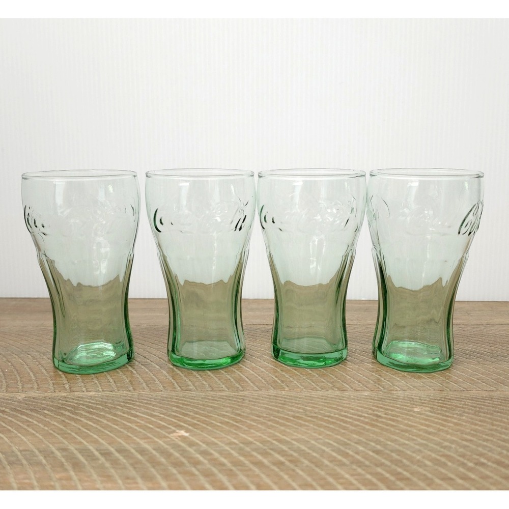 Set Of 4 Coca-Cola Libbey Green Glasses - 6.25 Oz- Made In USA - Contour Shape